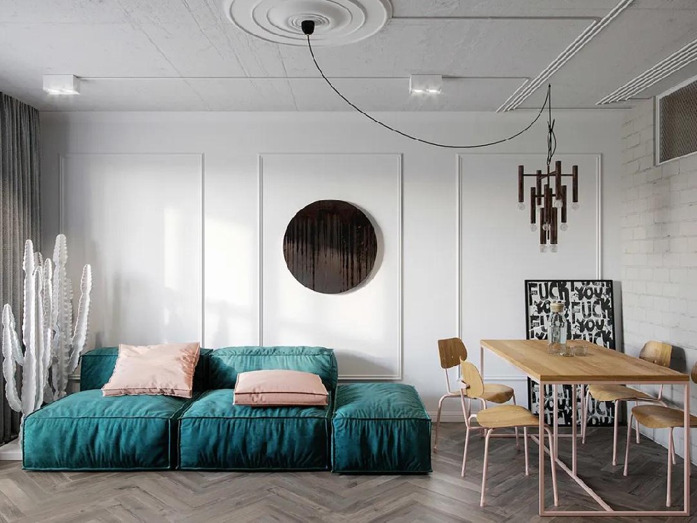 80平米現代質(zhì)樸公寓，藍綠x粉色成CP